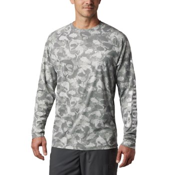 Columbia PFG Terminal Deflector Printed Long Sleeve, Sudaderas Grises Camuflados Para Hombre | 72465